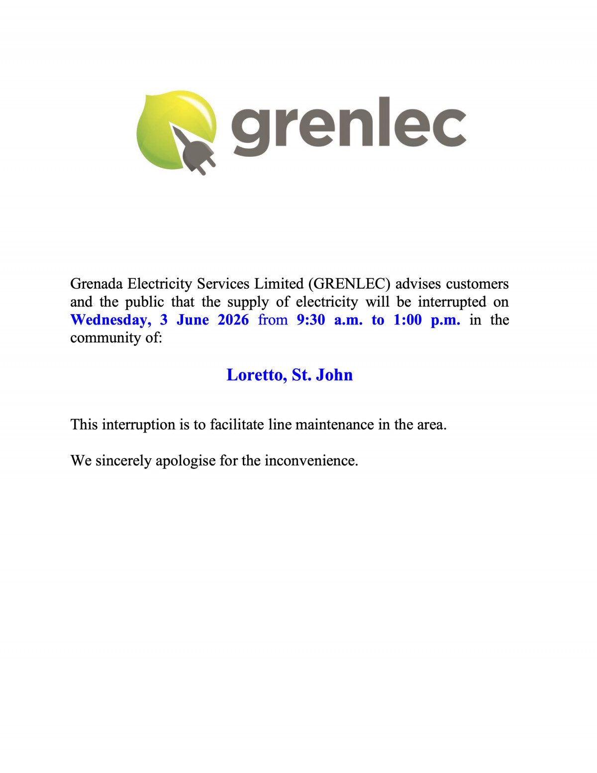 Service Outage Notice Example Planned Outage Notice – Loretto – 3 June 2026. – GRENLEC